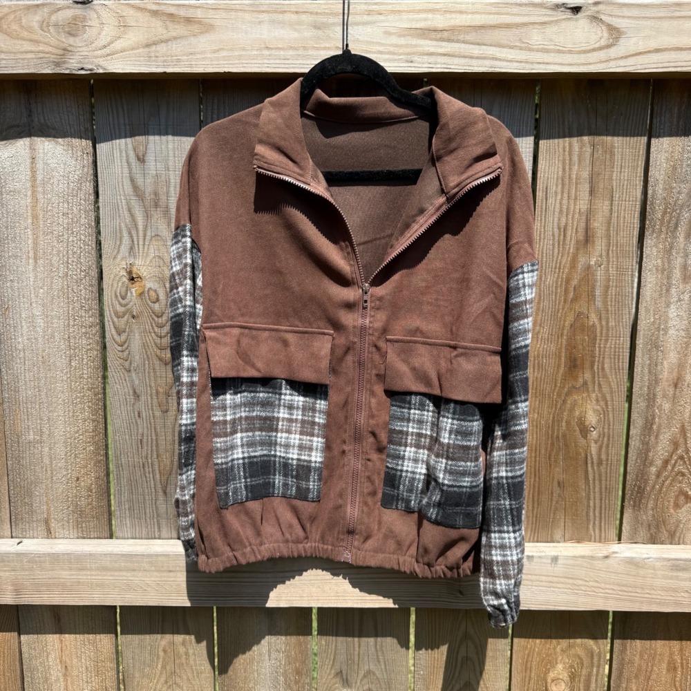 Brown Plaid Mixed Media Zip Up Jacket Flannel Sleeve Bomber Medium